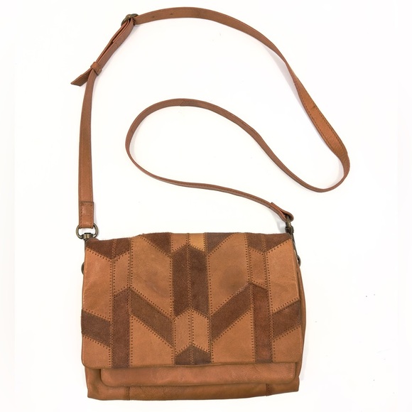 Lucky Brand Axil Leather Crossbody Purse Patchwork Bag Cognac Brown Boho Indie - Picture 2 of 14